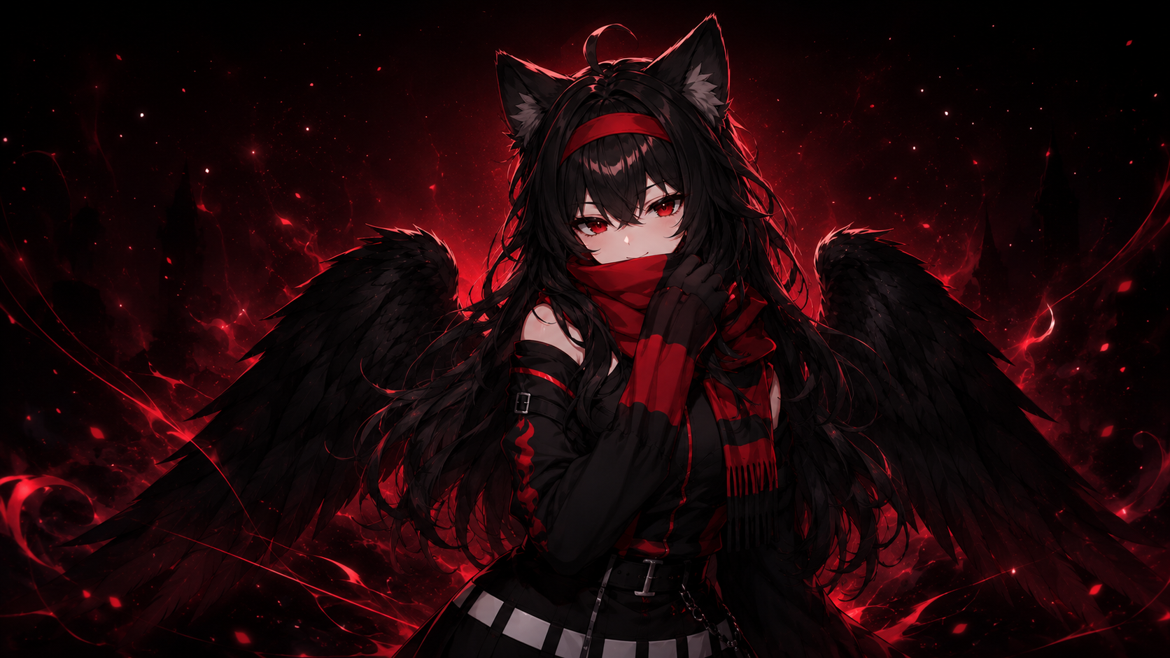 Hazel, the winged Goddess of Chaos, surrounded by a cinematic red celestial glow